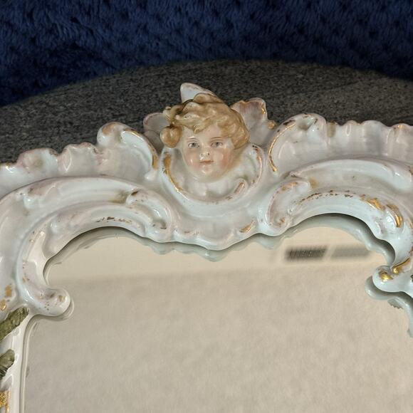 Antique Porcelain Table Mirror Cherub Flowers Easel Back Continental Mirror - Picture 5 of 11